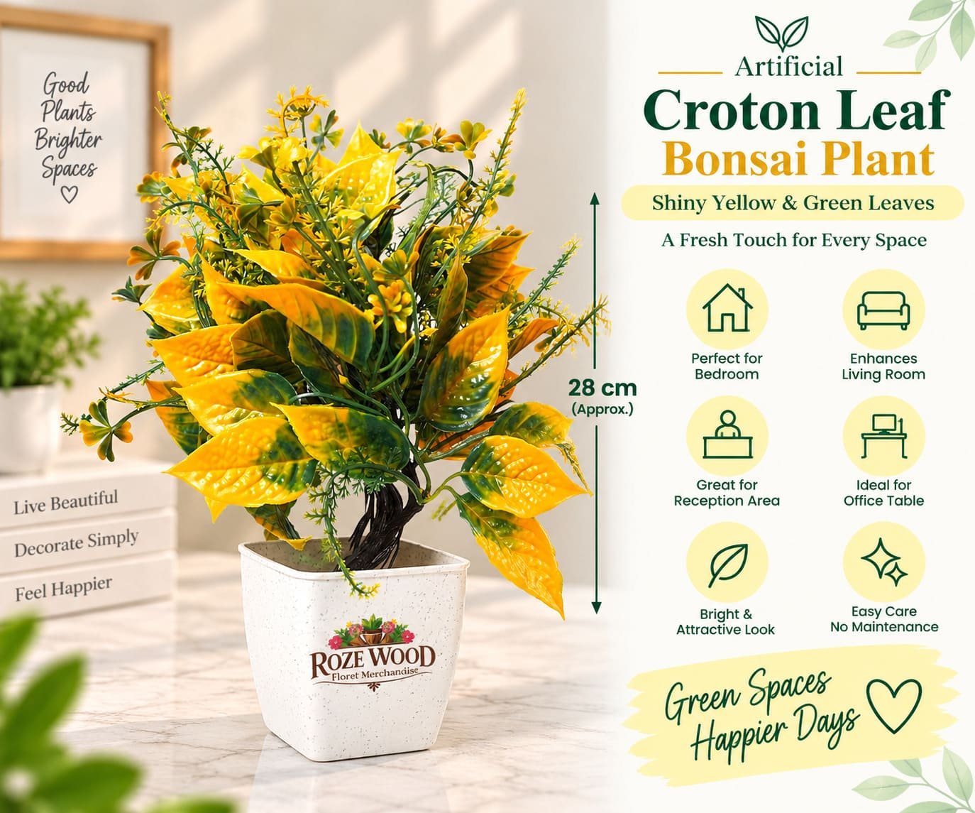 Artificial Croton Leaf Bonsai Plant with Shiny Yellow & Green Leaves with a fancy white pot