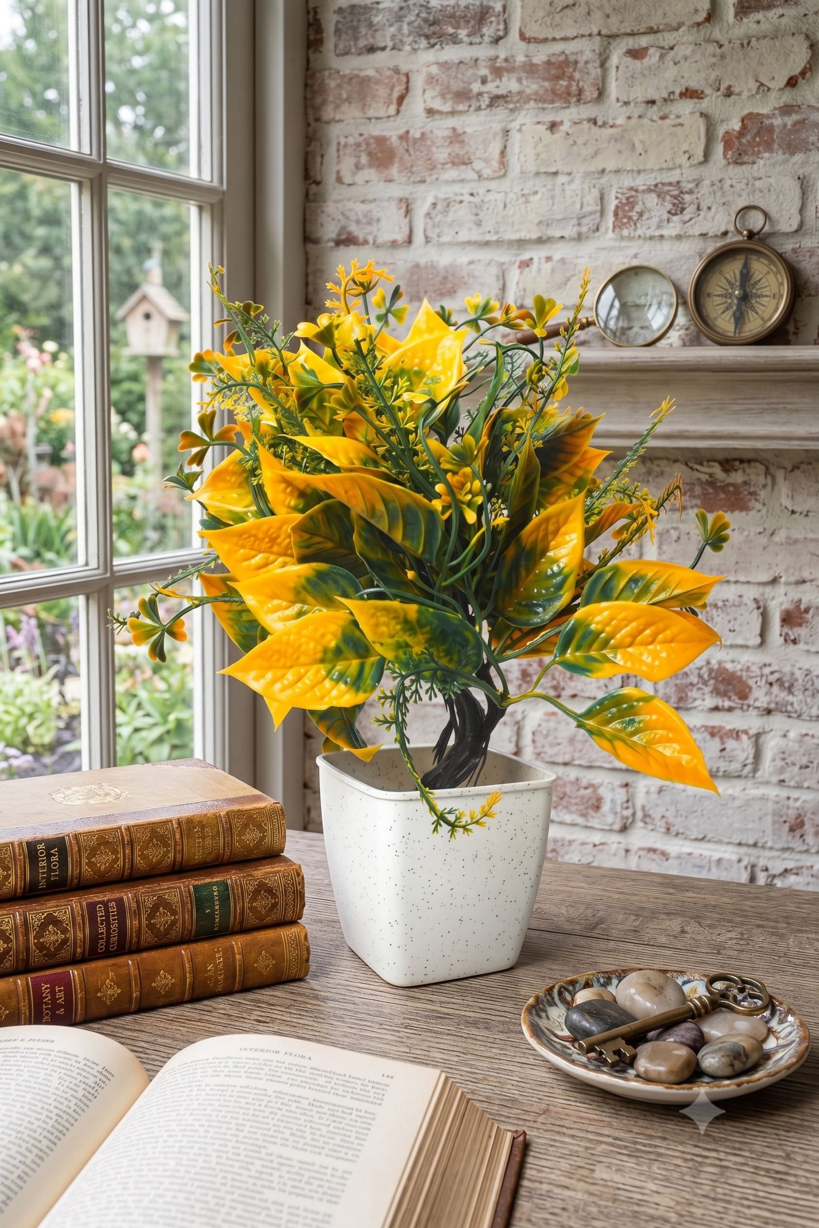 artificial croton leaf and yellow and green leaf