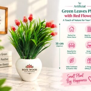Artificial Green Leaves & Red Flower Plant with Apple Shaped White Pot