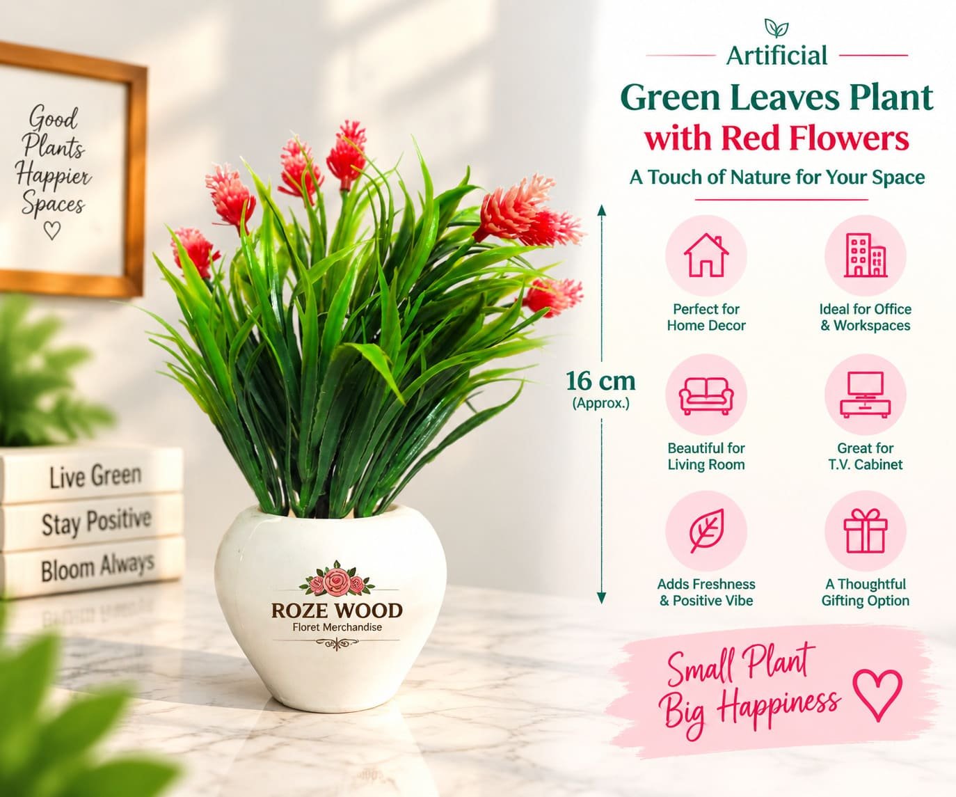 Artificial Green Leaves & Red Flower Plant with Apple Shaped White Pot