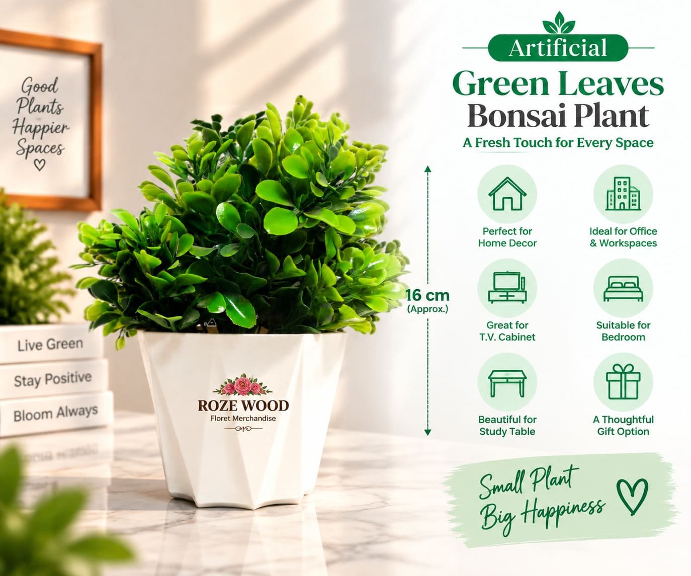 Artificial Green Leaves Bonsai Plant with Diamond Cut White Pot