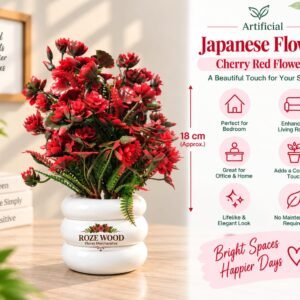 Artificial Japanese Flower Plant with Cherry Red Flowers & Tyre-Shaped White Pot