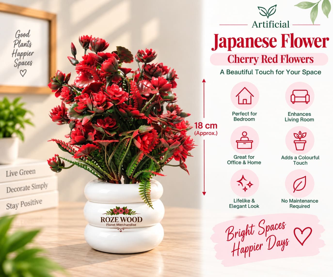 Artificial Japanese Flower Plant with Cherry Red Flowers & Tyre-Shaped White Pot
