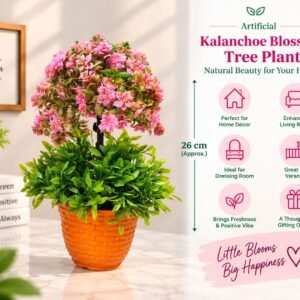 Artificial Kalanchoe Blossom Tree Plant with Baby Pink Flowers & Orange Basket Finish Designer Pot