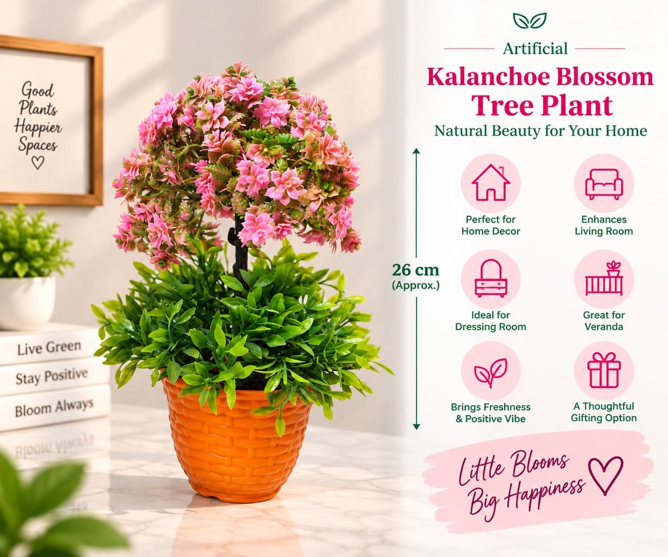 Artificial Kalanchoe Blossom Tree Plant with Baby Pink Flowers & Orange Basket Finish Designer Pot