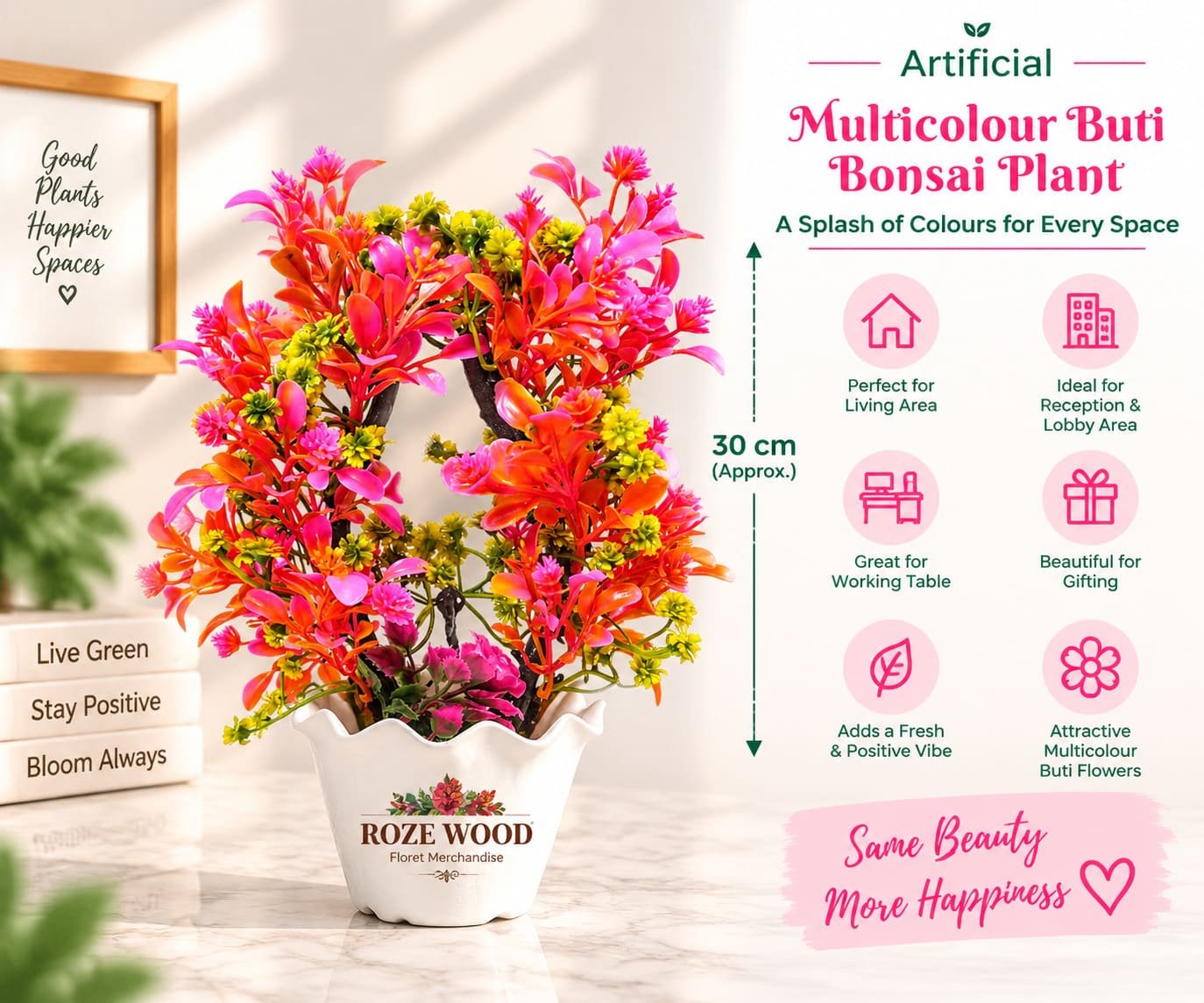 Artificial Multicolour Buti Bonsai Plant with Lotus Shaped Fancy White Pot