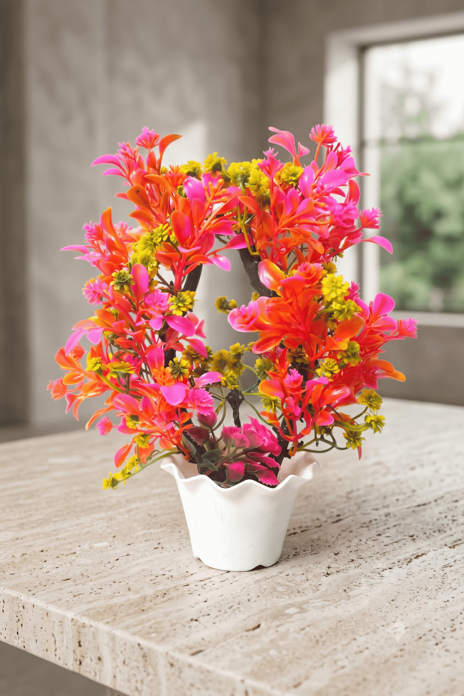 artificial multicolor bonsai plant with white pot