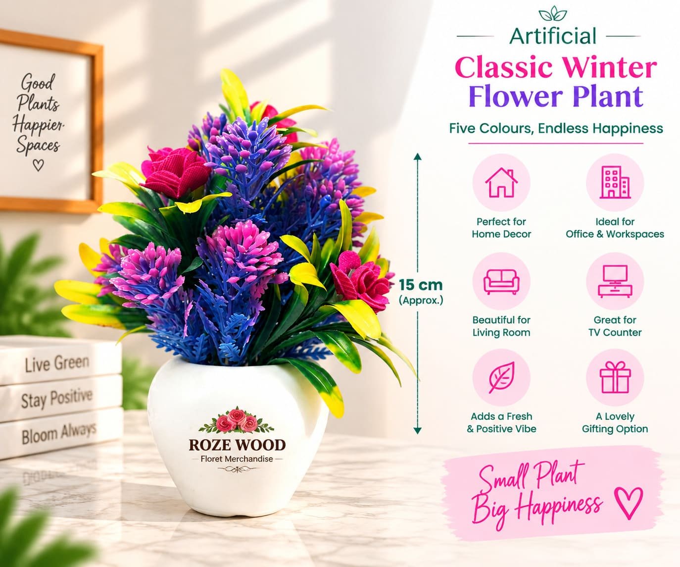Artificial Multicolour Classic Winter Flower Plant with Apple Shaped Fancy White Pot