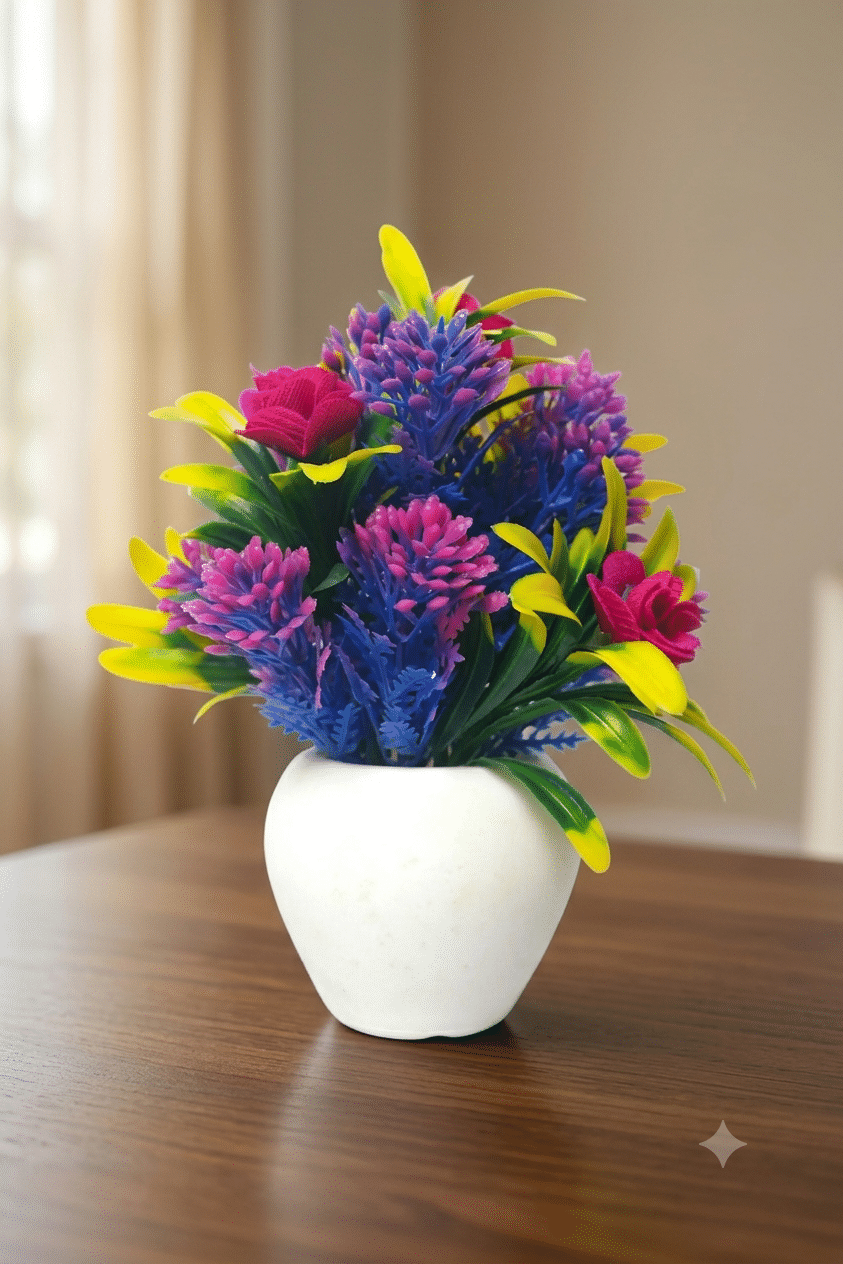 artificial winter flowers with apple shaped white pot