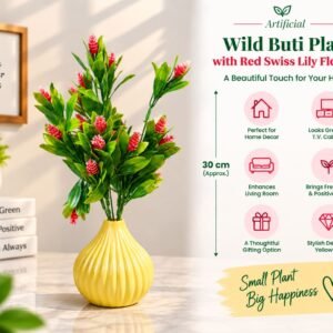 Artificial Wild Buti Plant with Red Swiss Lily Flowers & Yellow Designer Pot