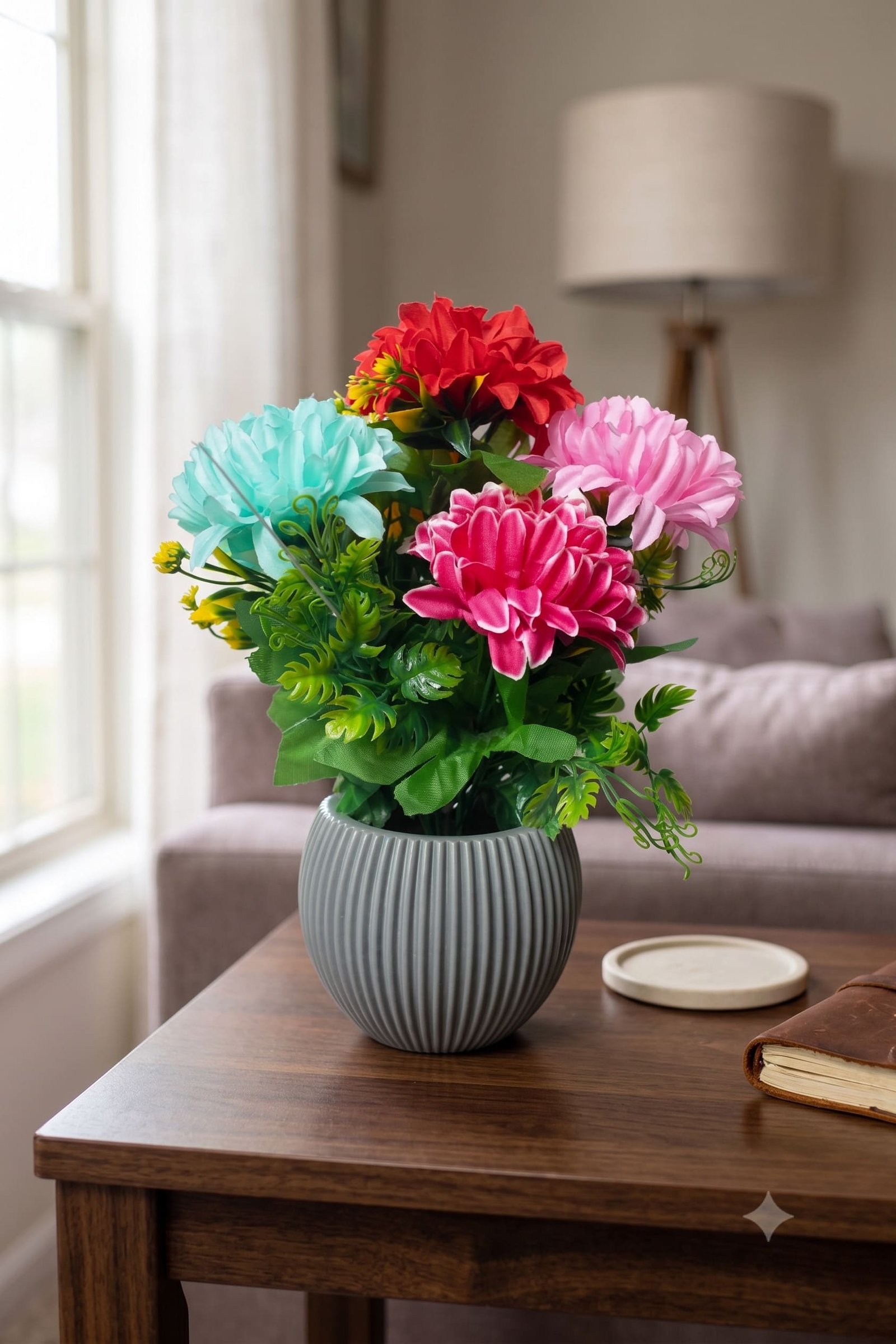Artificial peony flower with multicolourful flowers and desiner pot