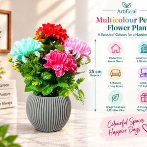 Artificial Multicolour Peony Flower Plant with Green Leaves & Rib Finished Slaty Pot