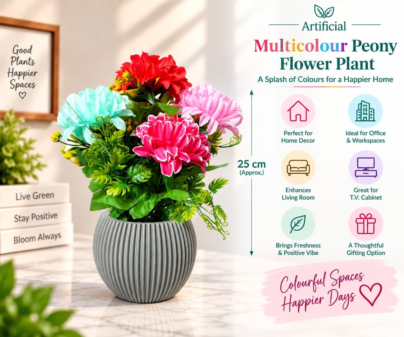 Artificial Multicolour Peony Flower Plant with Green Leaves & Rib Finished Slaty Pot