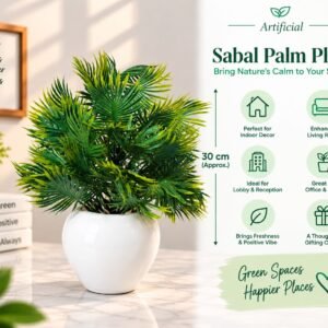Artificial Sabal Palm Plant with Shiny Green Leaves & Apple Shaped White Pot