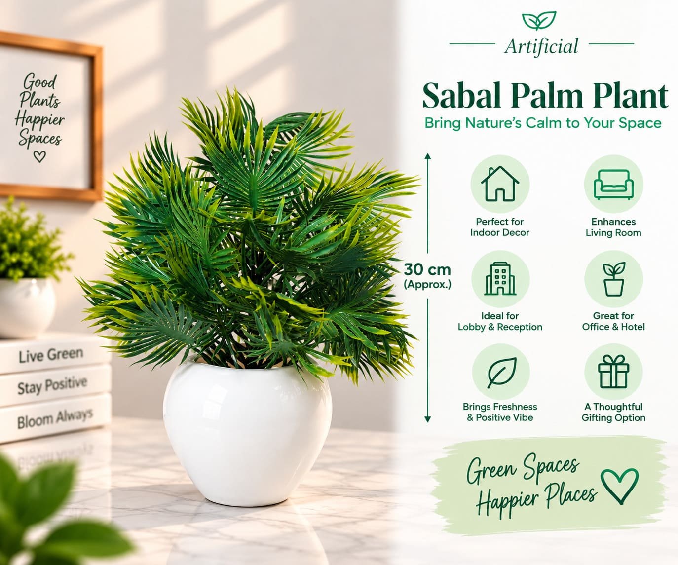 Artificial Sabal Palm Plant with Shiny Green Leaves & Apple Shaped White Pot