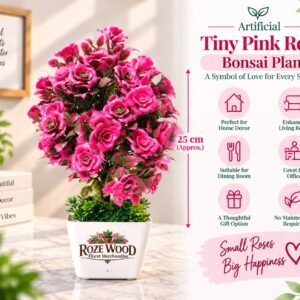 Artificial Pink Rose Bonsai Plant with Fancy Square White Pot