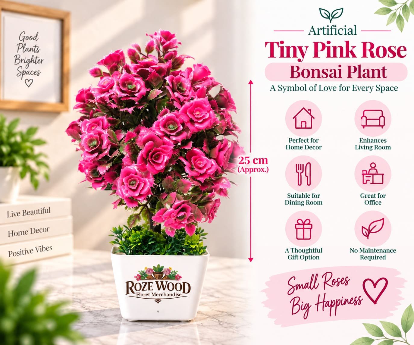 Artificial Pink Rose Bonsai Plant with Fancy Square White Pot