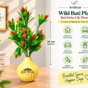 Artificial Nature Wild Buti Flower Plant with Swiss Lily Red Flowers & Designer Yellow Pot