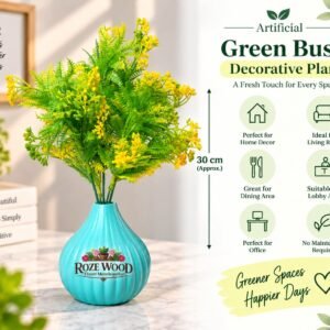Beautiful Green Bush Artificial Flower Plant with Ocean Blue Rib-Finished Lamp-Shaped Pot