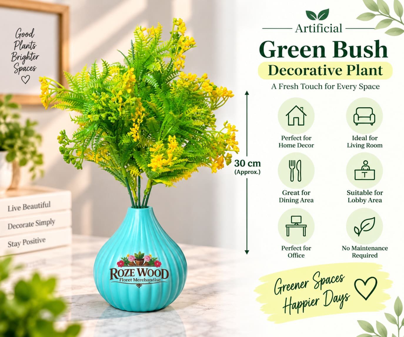 Beautiful Green Bush Artificial Flower Plant with Ocean Blue Rib-Finished Lamp-Shaped Pot