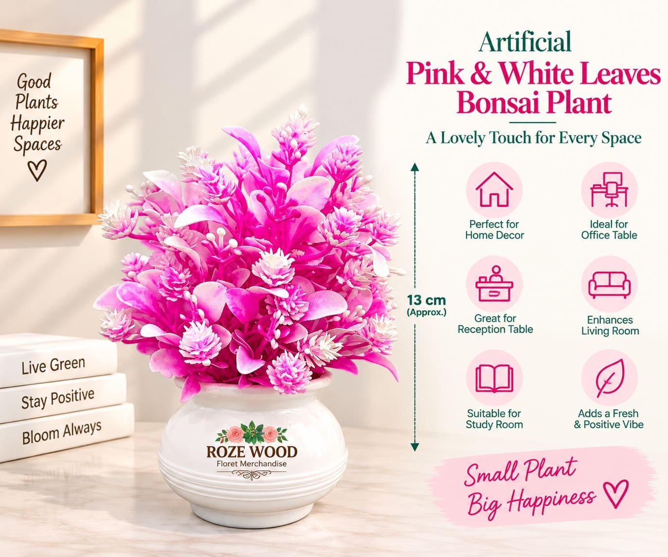 Pink & White Leaves Artificial Bonsai Plant with Matka-Shaped Pot